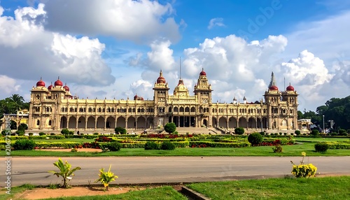 A majestic palace with lush gardens and a cloudy sky