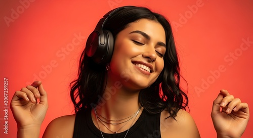 Woman with red background making peace signs.