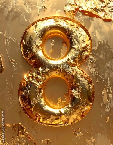 A shiny gold number eight on a crinkled metallic background