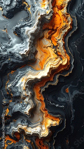 A swirling abstract pattern of orange, black, and gray colors