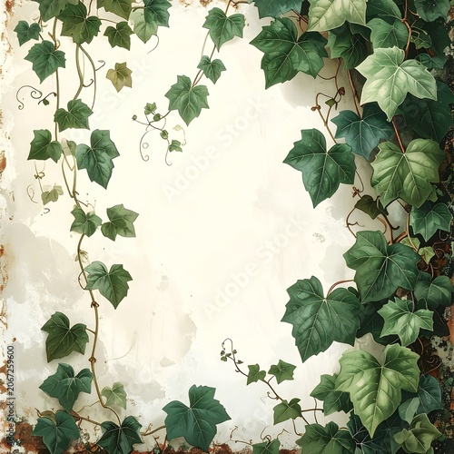 Close up of green ivy leaves on white wall.