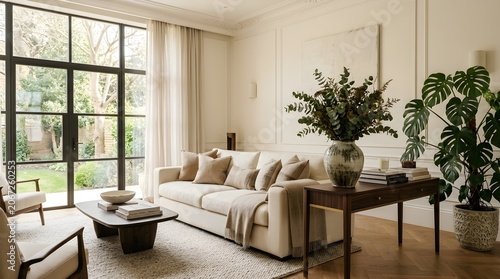 Luxurious living room interior featuring a comfortable sofa coffee table with books and large window overlooking lush garden greenery creating a serene and inviting domestic ambiance for