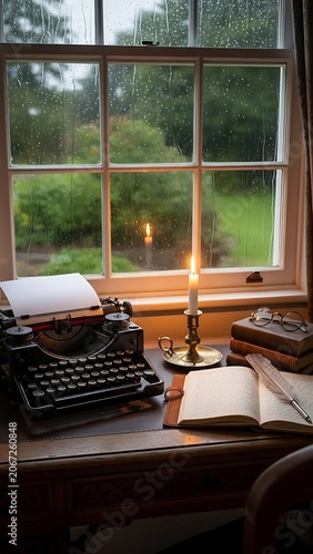 Vintage Typewriter and Candle by the Window.
