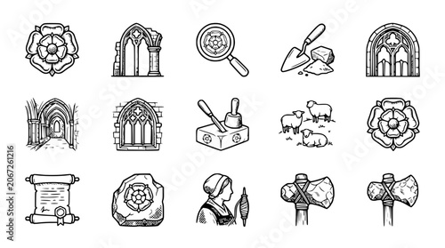 Medieval History Icons: Tudor Rose, Ruins, Archaeology, Sheep, Scroll, Tools