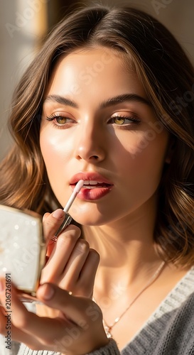 Woman with toothbrush brushing teeth close up.