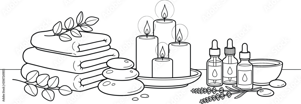 Fototapeta premium Hand Drawn Candles and Books Coloring Page Line Art Illustration for Relaxation