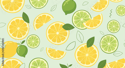 Refreshing seamless pattern of lemon and lime slices and whole citrus fruits with green leaves on a light mint green background.
