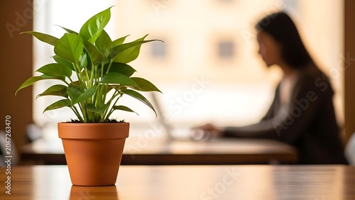 Woman working at home with potted plant.