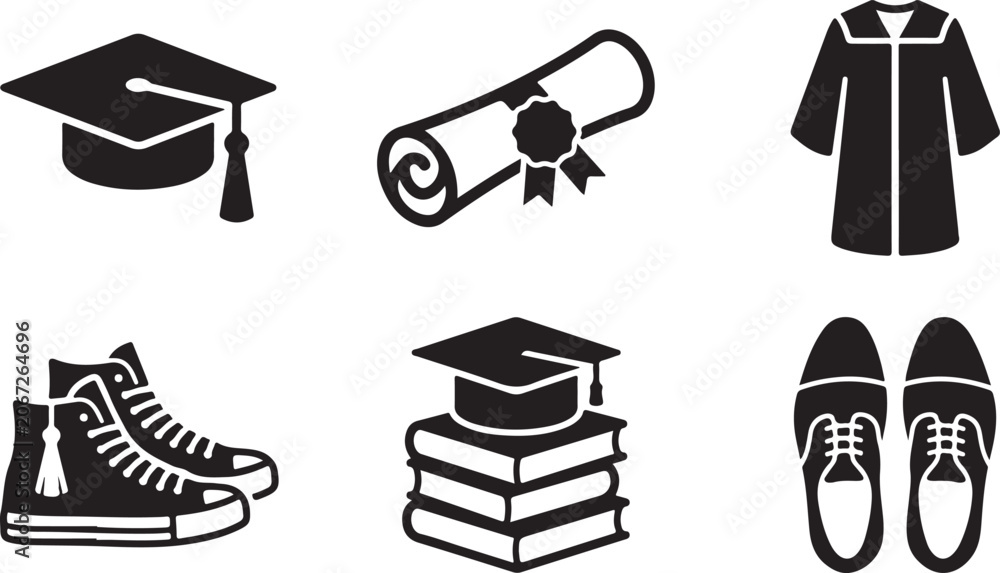 Fototapeta premium Black graduation icons set with cap, gown, diploma, shoes, and books Vector