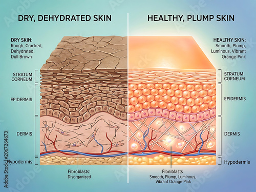 Dry dehydrated skin versus healthy plump skin cross section comparison image
