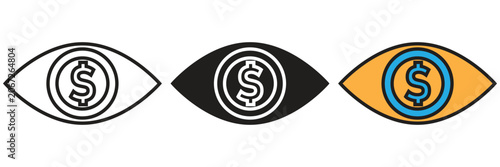 Financial Oversight and Commercial Monitoring Icon . Vector illustration of a human eye with a dollar sign inner lens, representing financial forecasting, market monitoring, investment oversight.