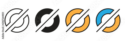 Prohibited Access and Cancelled Operation Vector Icon Set. A clean vector icon set showing a segmented circle with a diagonal line slash, depicting prohibited actions, empty null status.