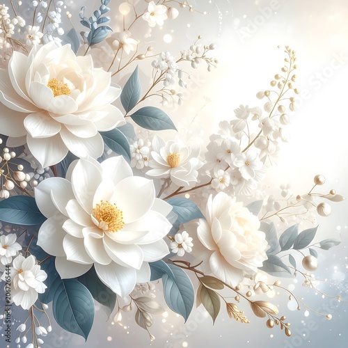 Close up of blooming white camellia flowers in snow.