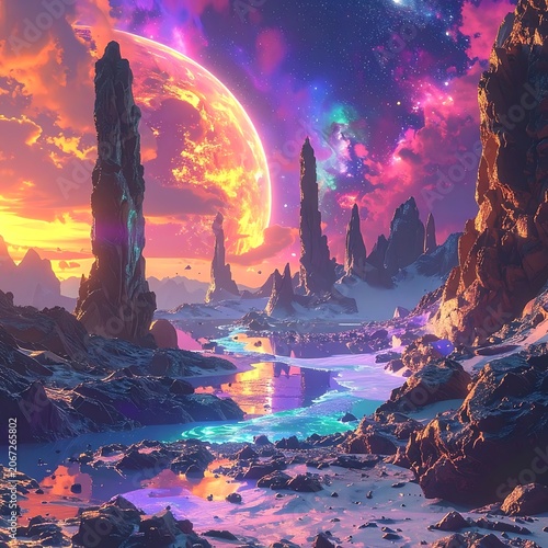 A vibrant, otherworldly landscape with glowing waters and a colorful sky