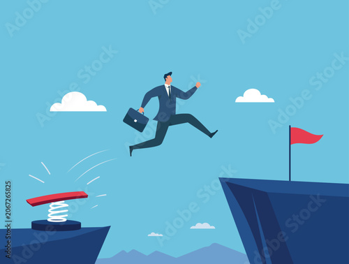 Photos Businessman jumping over a gap using a springboard to reach his goal, Business s