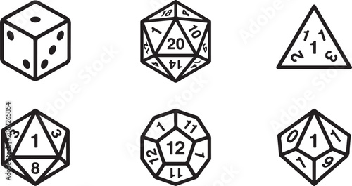 Set of six different polyhedral dice with numbered faces vector illustration Vector