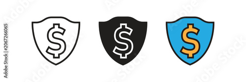 Shield check mark with financial dollar coin icon. Vector icon depicting a secure protective shield with a check mark alongside a shiny financial dollar coin symbol.