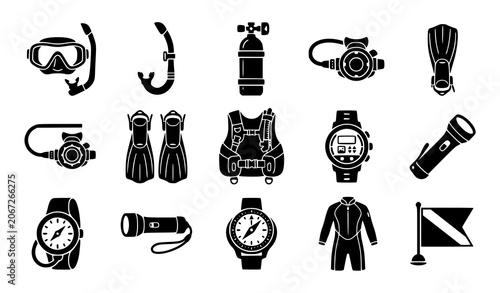 Obraz na płótnie Scuba Diving Equipment Icon Set Black Silhouette Vector Collection for Underwate