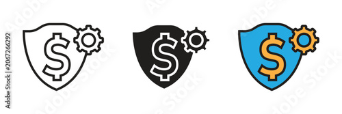 Financial money dollar shield with gear settings icon. Vector icon showcasing a secure money dollar sign shield paired with a mechanical cogwheel gear wheel for configuration.