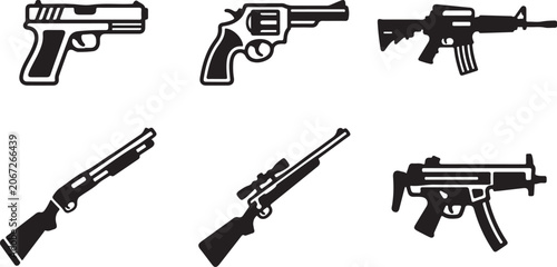 Canvastavla Six black and white firearm icons set in a row Vector