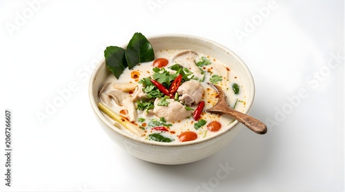 Thai tom kha gai chicken coconut soup in rustic bowl with herbs and chili spice for authentic menu dining photography