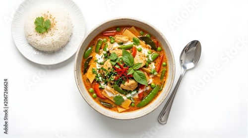 Thai red curry with chicken bamboo shoots and basil served in bowl with steamed jasmine rice side dish for lunch