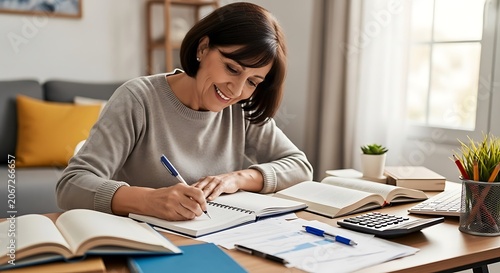 Woman working on laptop at home office desk.