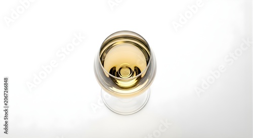 Top view of a crystal glass filled with white wine showing sparkling golden reflections for celebration and dining events