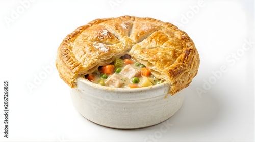 Isolated chicken pot pie in a rustic ceramic bowl with golden flaky crust and hearty creamy vegetable filling for menus