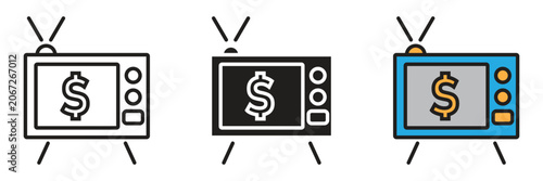 Retro television set with dollar money sign icon. Vector illustration of an old retro television set showing a financial dollar money currency symbol on the screen.