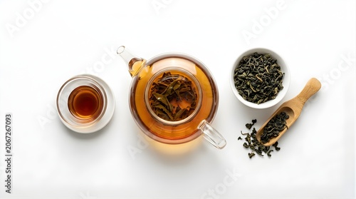 Top view of glass teapot with brewed tea, cup, and bowl of dry green tea leaves on a table for relaxation