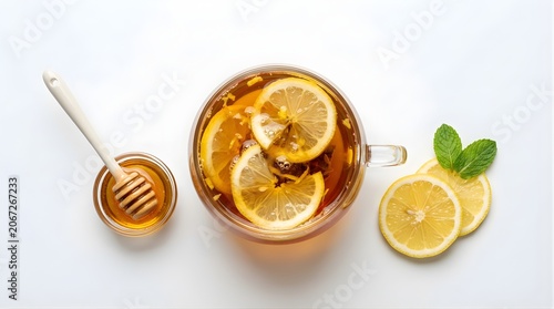 Top view of lemon tea in glass cup with honey dipper and fresh mint leaves on light surface healthy hot drink refreshment