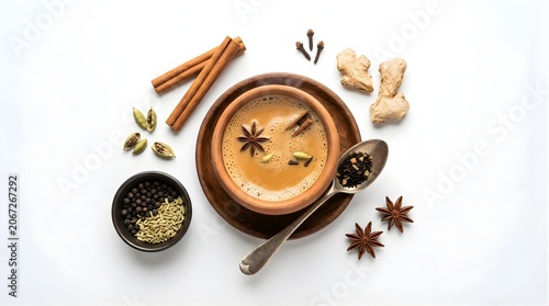 Top view of masala chai in clay cup with cinnamon ginger cardamom cloves star anise spices flat lay food photography