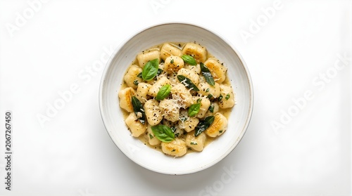 Top view of potato gnocchi pasta served with fresh basil leaves and grated parmesan cheese in a white ceramic bowl