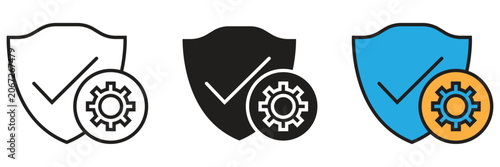 Security shield check mark and gear settings icon. Vector icon depicting a protective shield with a check mark and a gear configuration wheel for security settings.