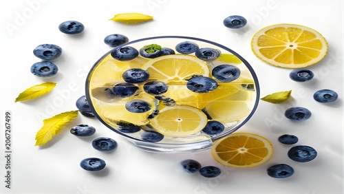 Top view of refreshing lemon blueberry water in glass with scattered fruit citrus slices and mint leaves for healthy summer drinks