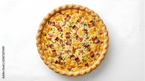 Top view of savory quiche Lorraine with bacon ham and chives in flaky crust perfect for breakfast brunch cafe menu advertisement