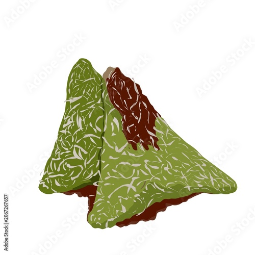 Canvastavla Traditional Malaysian Kuih Lopes dessert made of pandan glutinous rice cake coated in grated coconut and drizzled with thick palm sugar syrup (gula melaka)