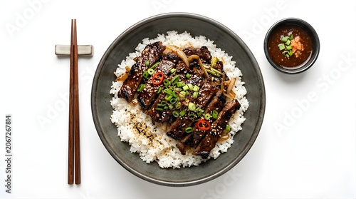 Top view of teriyaki beef with rice in a bowl featuring sesame seeds and scallions with dipping sauce and wooden chopsticks
