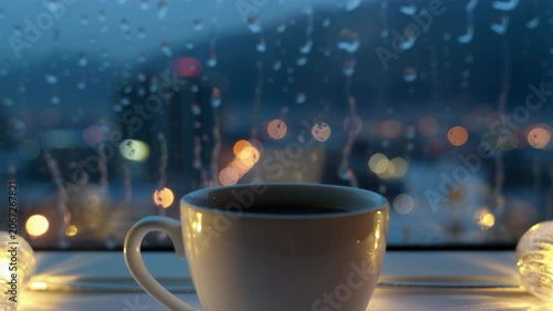 A cup of hot coffee sits on a window sill during a rainy evening. Seamless looping 4k video background