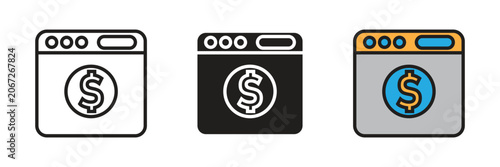 Web browser with financial money dollar coin icon. Vector icon displaying a user interface website browser window containing a secure financial global money dollar coin symbol.