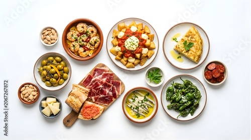 Top view of traditional Spanish tapas variety including jamon, olives, patatas bravas, garlic prawns, and tortilla