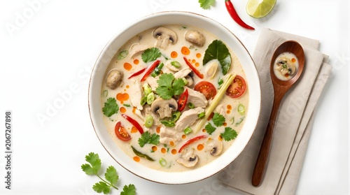 Top view of traditional thai tom kha gai soup with coconut milk chicken mushrooms chili herbs and spices for menu