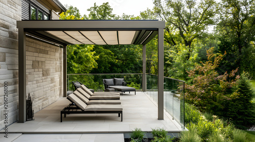 Modern outdoor lounge area with wooden deck and pergola in tranquil garden setting