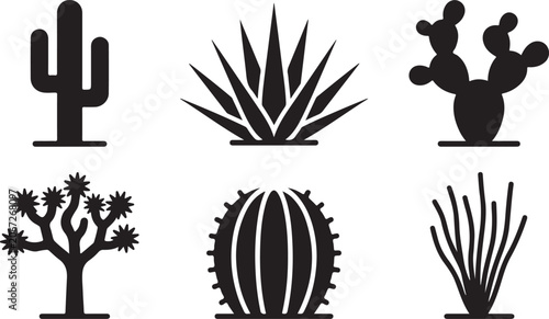 Six stylish black and white desert cactus illustrations Vector