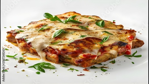 Isolated square slice of artisanal flatbread pizza topped with melted mozzarella herbs and tomato sauce