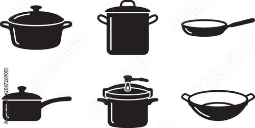 Photos Six black and white cooking pots and pans set illustration Vector