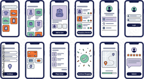 Mobile App UI Screen Set with Shopping, Profile, Product, Checkout, Map, Review, and Navigation Interface Vector Illustrations