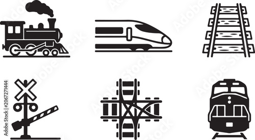 Fotografi Set of six black and white train icons including locomotive, bullet train, track