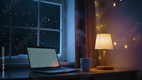 Cozy Winter Evening Workspace with Laptop and Steaming Coffee at Night. Seamless looping 4k video background